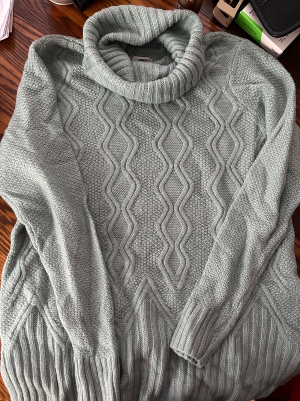 SONOMA Mint Green Cable-Knit Turtleneck Sweater